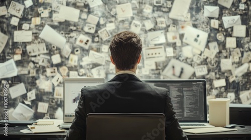 Back view, Manager in office workspace, surrounded by digital business and technological symbols icons photo