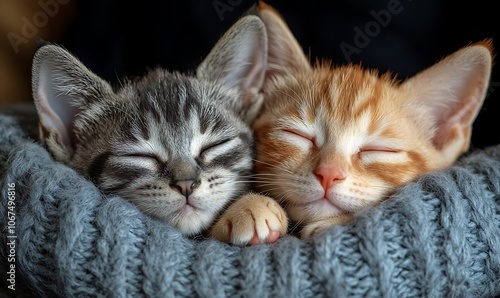 Two kittens cats sit together white cat, brindle cat, blue eyes, white background 