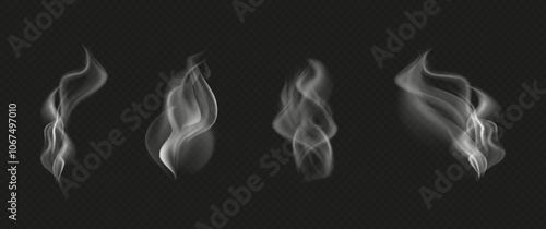 Set of steam or abstract white smog. Isolated on a black background. Wavy steam, fog, haze, gas, hot drinks, food. Vector