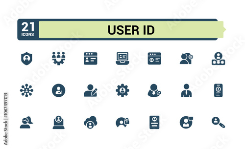 User Account vector solid icon set. Containing re, profile, authentication, settings, username, communication, pass, person. Flat UI icon design. Editable vector illustration.