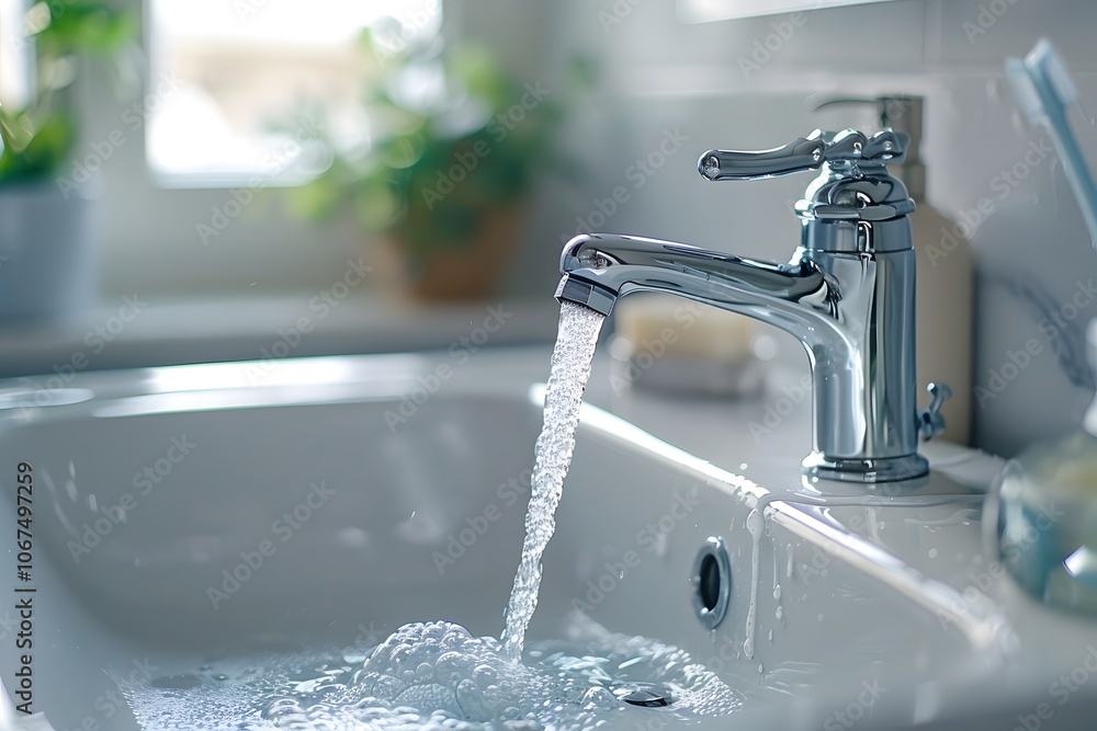 Sparkling Water Flowing from a Modern Kitchen Faucet Sparkling Water Flowing from a Modern Kitchen Faucet