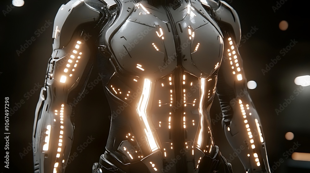 Superhuman with advanced tech parts in arms and torso, showing glowing panels and metallic plating Superhuman with advanced tech parts in arms and torso, showing glowing panels and metallic plating