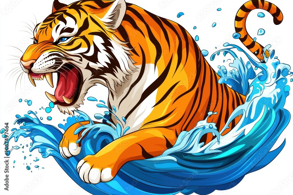 Fototapeta premium Vibrant 3D Stylized Tiger Swimming in Water