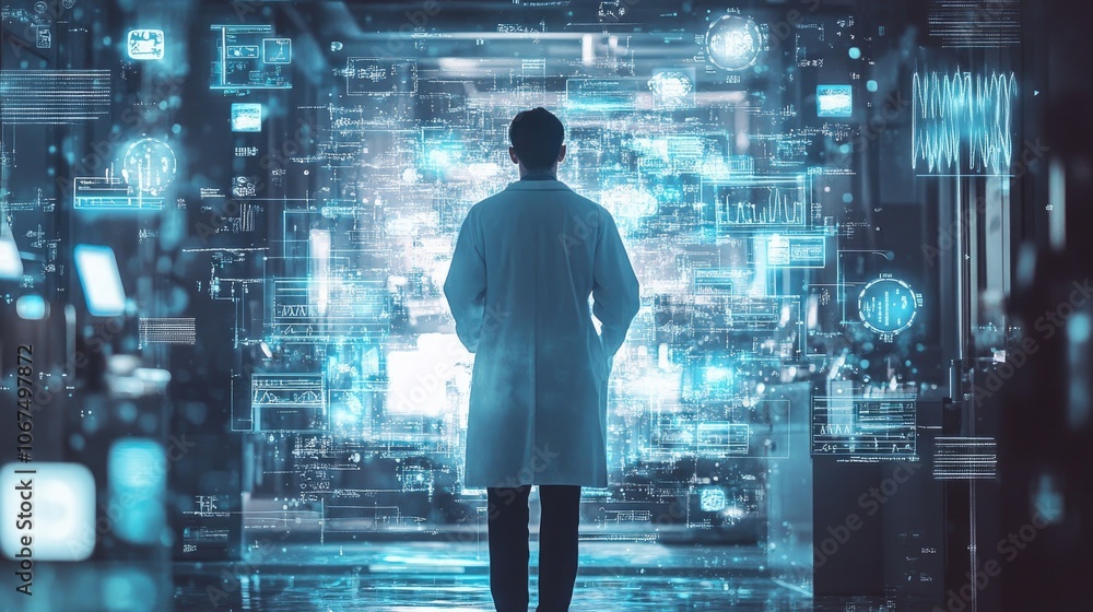Back view of doctor in hospital area surrounded by digital icons and medical technology Back view of doctor in hospital area surrounded by digital icons and medical technology
