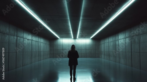 A person walks down a mysterious corridor illuminated by neon lights, creating a futuristic and surreal ambiance filled with shadows and intrigue.