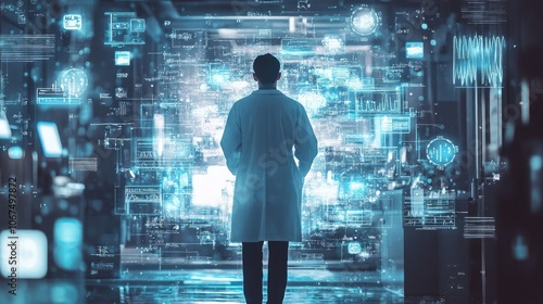 Back view of doctor in hospital area surrounded by digital icons and medical technology