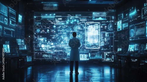 Back view of doctor in hospital area surrounded by digital icons and medical technology