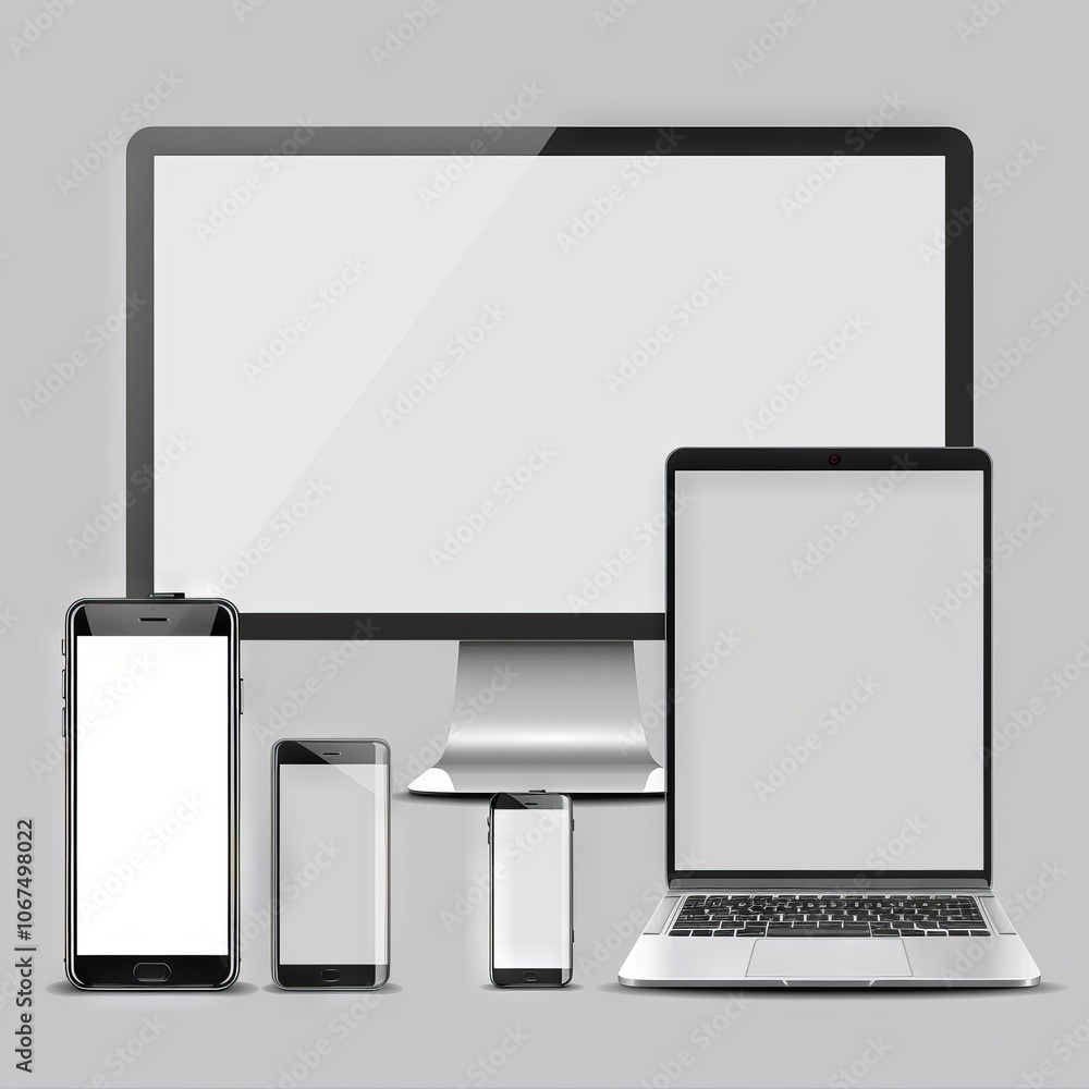 Screen mockup. Smartphone, tablet, laptop and monoblock monitor silver and black color with blank screen for you design. Vector illustration Ai 10 Screen mockup. Smartphone, tablet, laptop and monoblock monitor silver and black color with blank screen for you design. Vector illustration Ai 10
