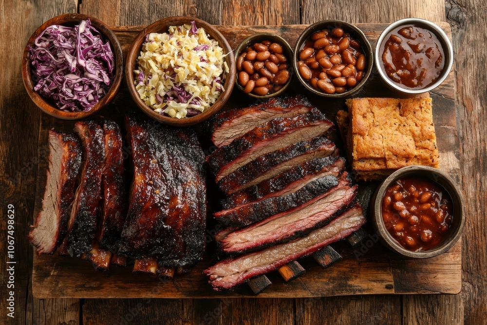 Rustic Barbecue Platter with Smoked Meats, Coleslaw, and Baked Beans for Authentic Southern Feast Rustic Barbecue Platter with Smoked Meats, Coleslaw, and Baked Beans for Authentic Southern Feast