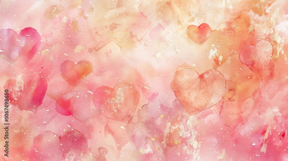 Abstract Valentine's Day Background with Watercolor Hearts and Gold Accents Abstract Valentine's Day Background with Watercolor Hearts and Gold Accents