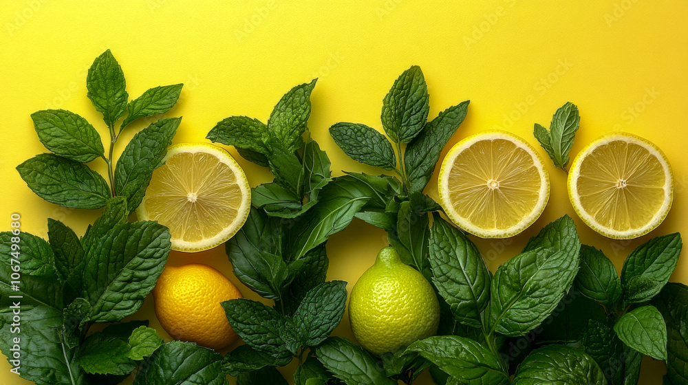 Fresh lemons and vibrant green mint leaves on a bright yellow background Fresh lemons and vibrant green mint leaves on a bright yellow background