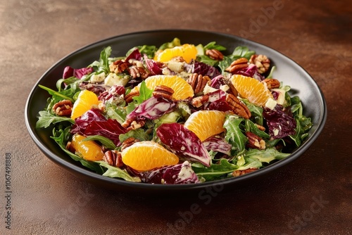 Salad with arugula oranges and pecans radicchio on dark backdrop