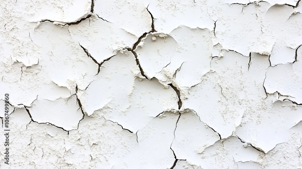 A close-up view of cracked white paint on a surface, showcasing texture and wear. A close-up view of cracked white paint on a surface, showcasing texture and wear.