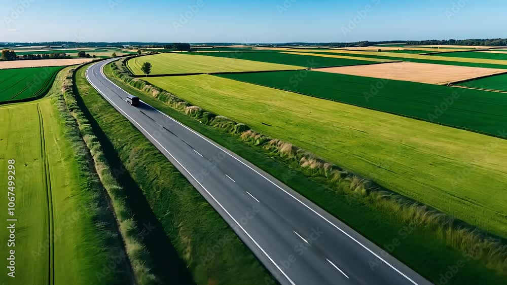 Empty Road Through Green Farmland Fields Under Clear Blue Sky Empty Road Through Green Farmland Fields Under Clear Blue Sky