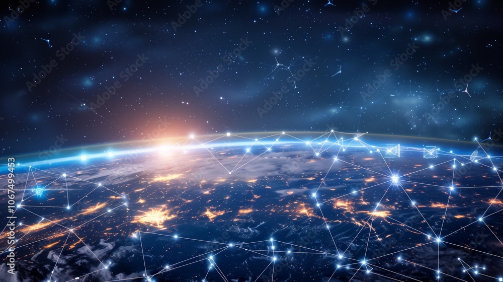 Global view of Earth from space at night with a web of connections highlighting technology, communication, and network systems. The image exudes innovation and globalization themes. Global view of Earth from space at night with a web of connections highlighting technology, communication, and network systems. The image exudes innovation and globalization themes.