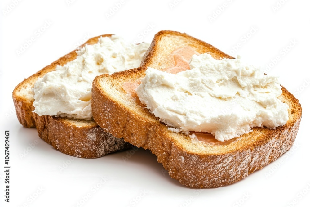 Salmon and cream cheese spread on bread against a white backdrop Salmon and cream cheese spread on bread against a white backdrop