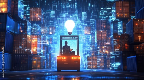 Back view of logistics coordinator driving a container forklift, container being lifted at shipping port, with a bright light bulb above, surrounded by digital and technological symbols icons, cargo h photo