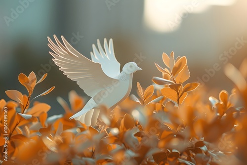 Serene Paper Dove Amidst Golden Leaves in Soft Light photo