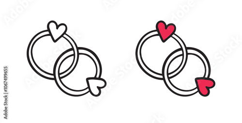Bonded wedding rings doodle hand drawn icon. Marriage proposal. Diamond ring in heart shape. Concept of wedding, valentine, love. 