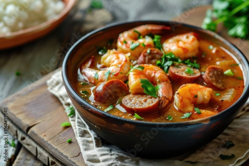 A bowl of spicy gumbo with shrimp and sausage, copy space for text