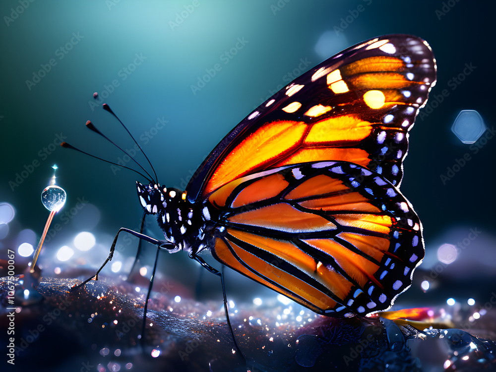 Monarch Butterfly on Leaf with Sparkling Dew Drops Monarch Butterfly on Leaf with Sparkling Dew Drops