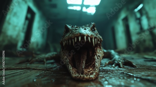 A terrifying reptilian creature bares its sharp teeth in a ferocious roar within the confines of an indoor location, merging the worlds of danger and everyday space. photo