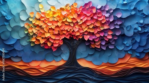 Fototapeta Naklejka Na Ścianę i Meble -  whimsical illustration of a colorful tree with multicolored leaves cascading from its branches set against an abstract background evoking feelings of joy and wonder in a 3d artistic style