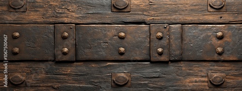 A close-up view of rustic wooden plank, planks with metal rivets, showcasing texture and craftsmanship.