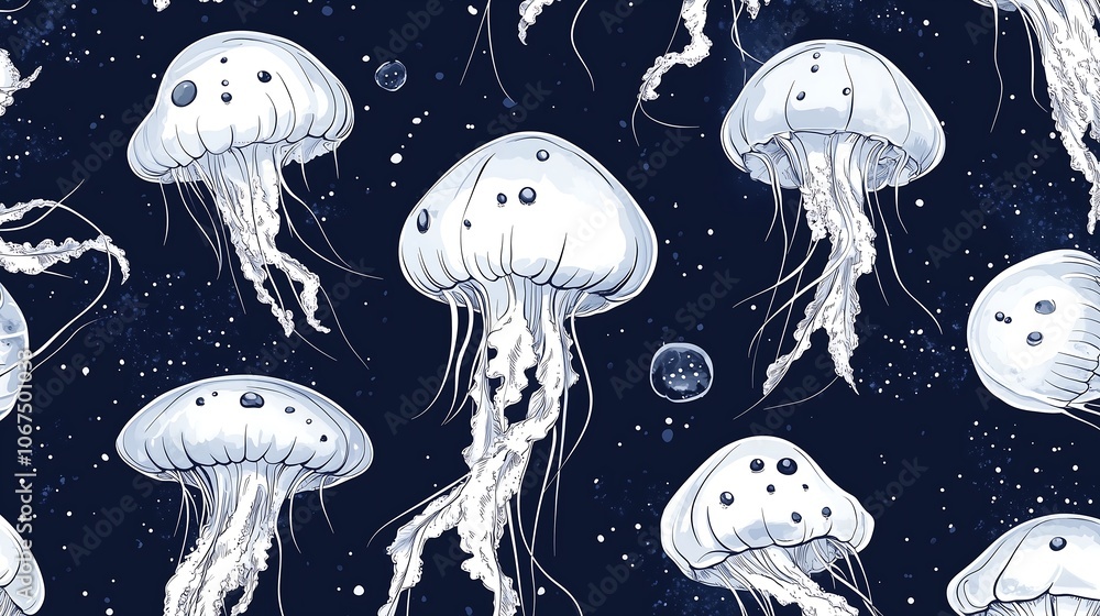 Monochrome black white artistic jellyfish underwater darkness illustration painting, under the sea water Monochrome black white artistic jellyfish underwater darkness illustration painting, under the sea water