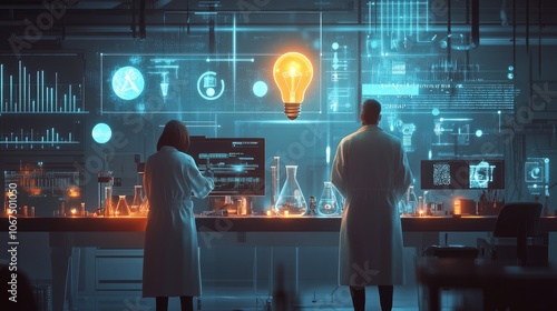 Back view, Researchers and experimenters in the laboratory, science, with a bright light bulb above, surrounded by digital and technological symbols icons  photo