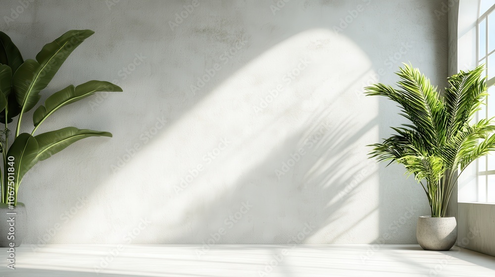Sunlit room with light streaming in, highlighting lush green plants against a smooth wall; the scene embodies tranquility and natural beauty. Sunlit room with light streaming in, highlighting lush green plants against a smooth wall; the scene embodies tranquility and natural beauty.