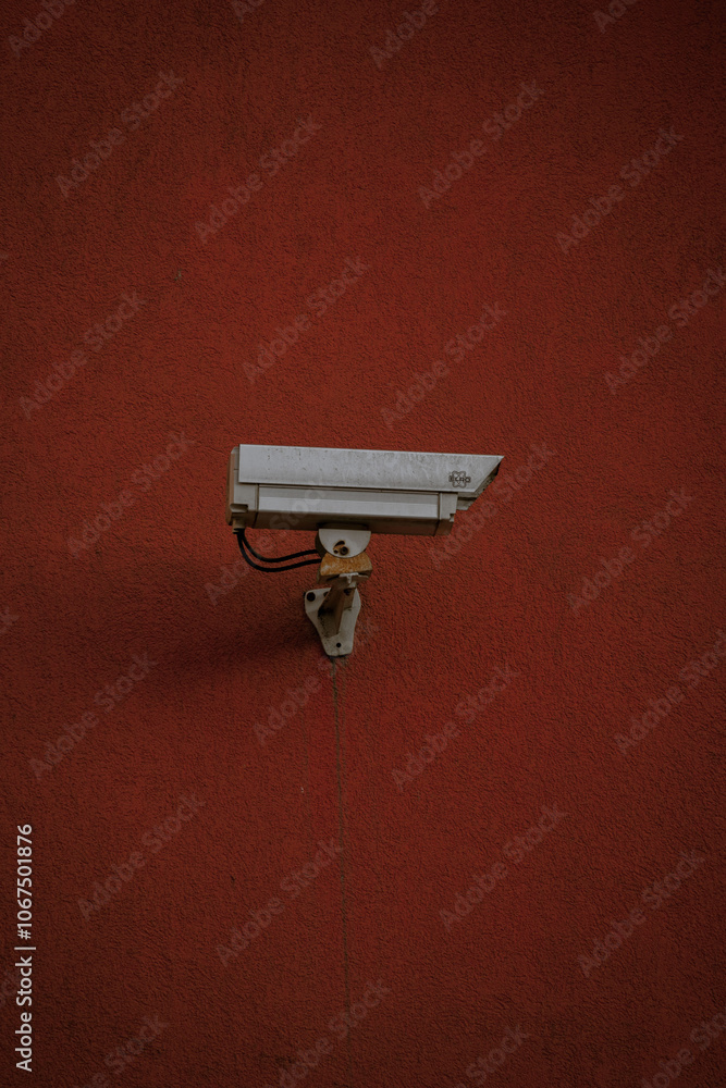 A security camera mounted on a red wall. A security camera mounted on a red wall.