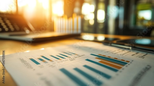 Sunlit office desk with financial charts, focus on data analysis