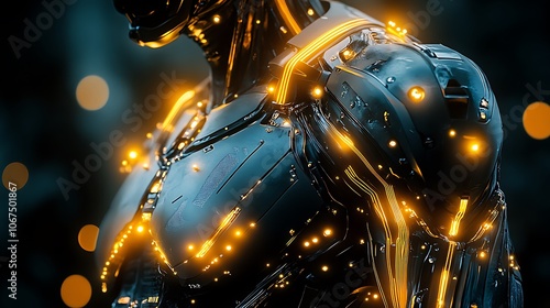 Upper body of bionic individual with advanced tech armor showing metallic plating and glowing energy nodes photo