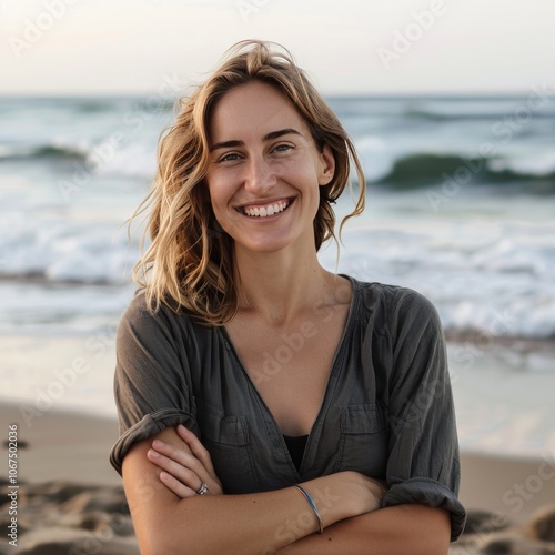 Smiling woman standing with arms crossed at beach "Smiling woman confidently standing with arms crossed at the beach, enjoying a sunny day."