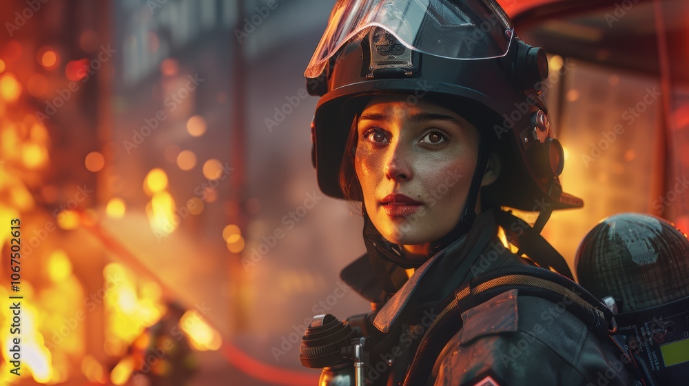 Brave Female Firefighter in Action Amidst Blazing Building for Heroic Safety Poster Brave Female Firefighter in Action Amidst Blazing Building for Heroic Safety Poster
