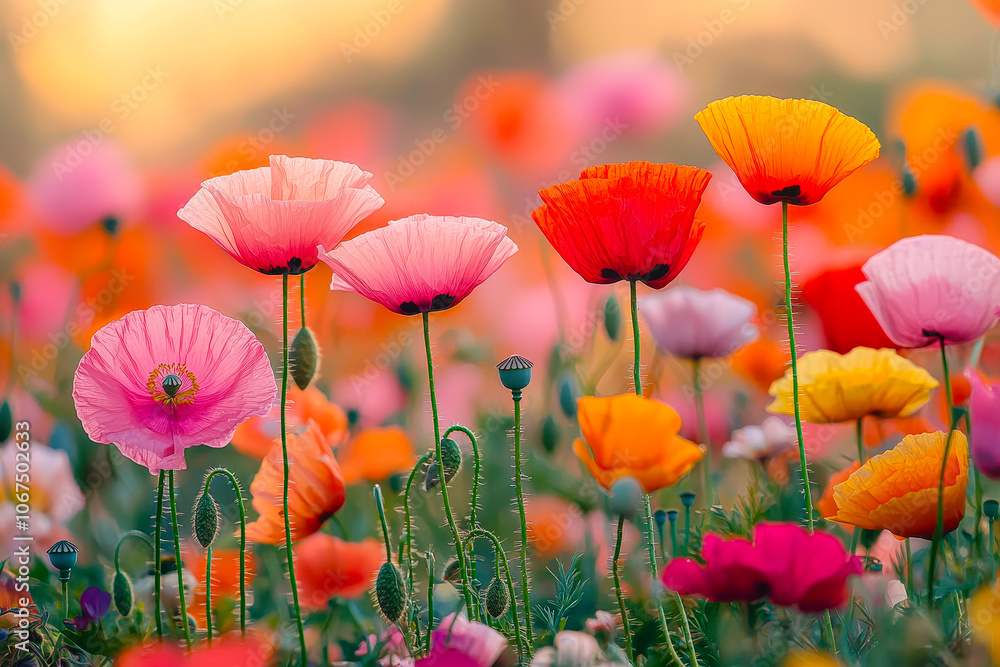A colorful display of poppies in shades of pink, red, and orange expands across a sunlit field, creating a serene atmosphere A colorful display of poppies in shades of pink, red, and orange expands across a sunlit field, creating a serene atmosphere