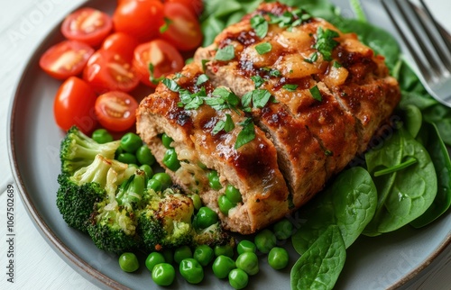 Stuffed chicken dish meatloaf with broccoli peas and fresh spinach salad with tomatoes