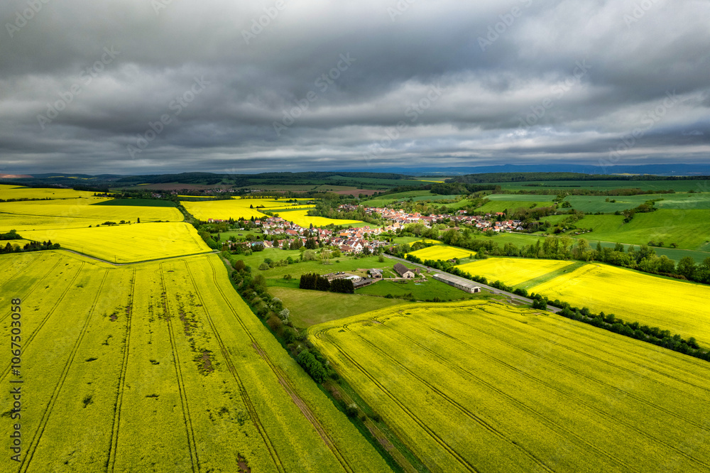 A field of yellow rape flowers with a small town in the background. The sky is cloudy and the sun is shining through the clouds. Germany.
