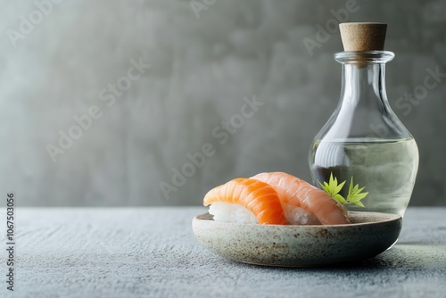 Sushi and sashimi accompanied by a glass bottle of sake photo