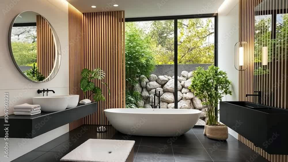 Close up animation of modern contemporary style wooden bathroom 3d render, Large window the wind blows the curtains, sunlight into the room Close up animation of modern contemporary style wooden bathroom 3d render, Large window the wind blows the curtains, sunlight into the room