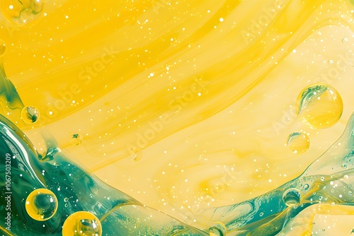 Vibrant Swirls of Yellow and Green with Bubbles in Abstract Art