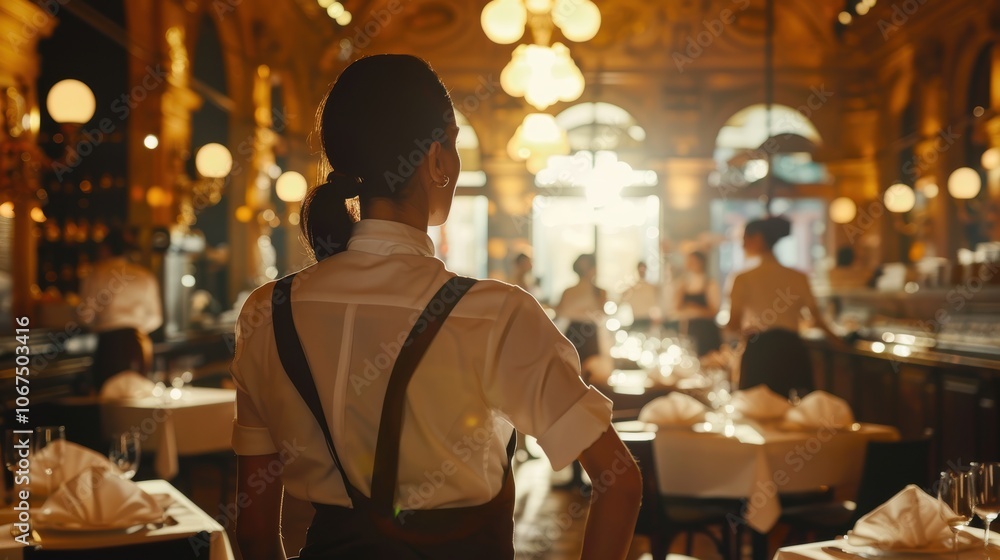 Restaurant Manager Overseeing Fine Dining Experience with Elegantly Set Tables and Warm Lighting Restaurant Manager Overseeing Fine Dining Experience with Elegantly Set Tables and Warm Lighting