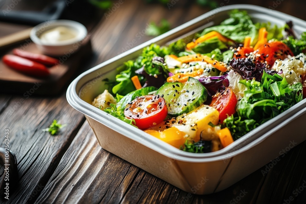 Takeout container with chef salad Takeout container with chef salad