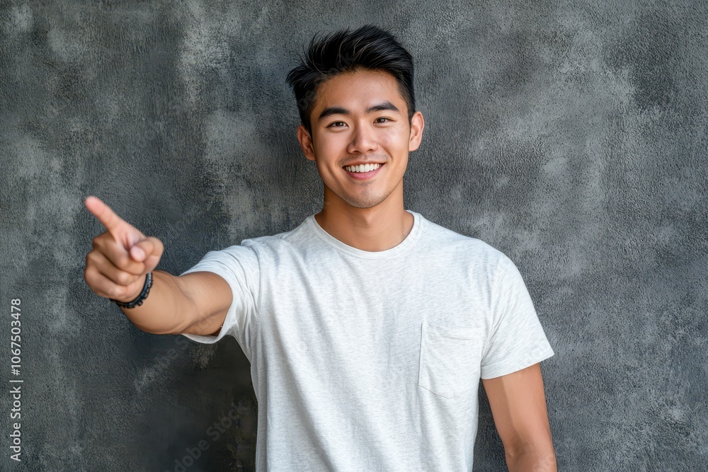 Tall attractive Asian man gesturing while smiling in casual attire ideal for a blank space recommendation Tall attractive Asian man gesturing while smiling in casual attire ideal for a blank space recommendation