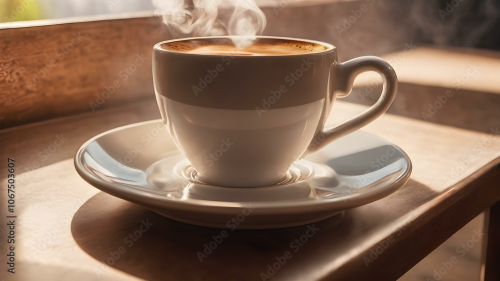 A flat vector of a coffee cup and saucer with steam rising in a cozy café setting A flat vector of a coffee cup and saucer with steam rising in a cozy café setting