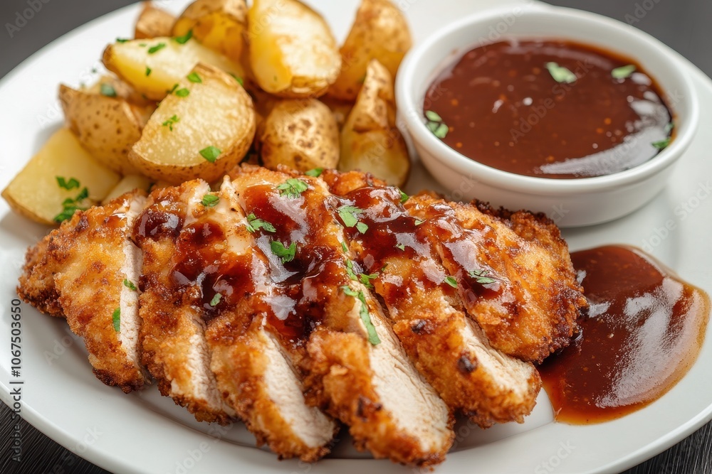 Teriyaki chicken katsu with potato wedges Teriyaki chicken katsu with potato wedges