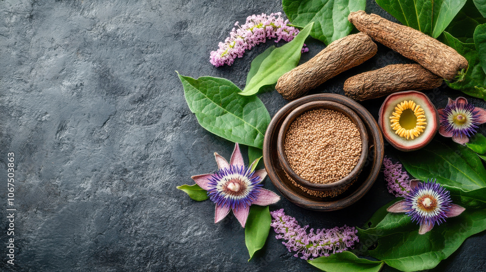 Herbal ingredients with seeds and flowers on dark stone surface for natural remedies Herbal ingredients with seeds and flowers on dark stone surface for natural remedies