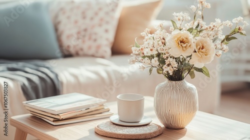 Elegant coffee table arrangement showcasing a vibrant flower vase, chic coasters, and beautifully designed books for a refined living space ambiance