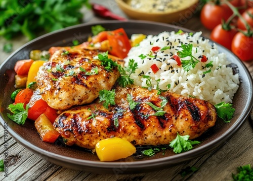 Teriyaki chicken with veggies and rice on a wooden table